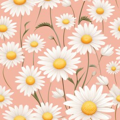 Obraz premium Seamless floral pattern with cheerful white daisies, vibrant yellow accents, set against a soft pastel pink background, calming and fresh