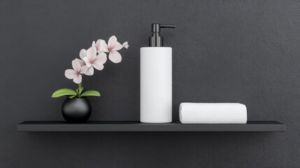 Spa-like serenity: A minimalist bathroom shelf with a pink orchid, a white pump bottle, and a soft towel.