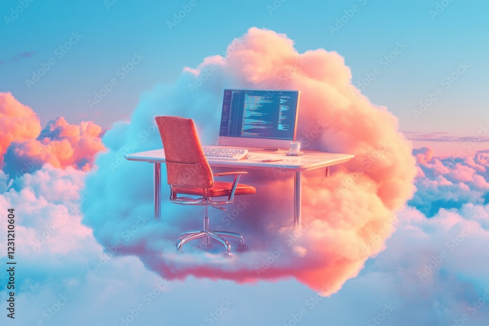Poster a computer desk with a chair and a computer on top of a cloud