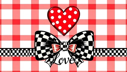 Obraz premium Valentine's Day illustration showcases a vibrant red heart adorned with white polka dots, perched atop a stylish black and white checkered bow created with generative ai