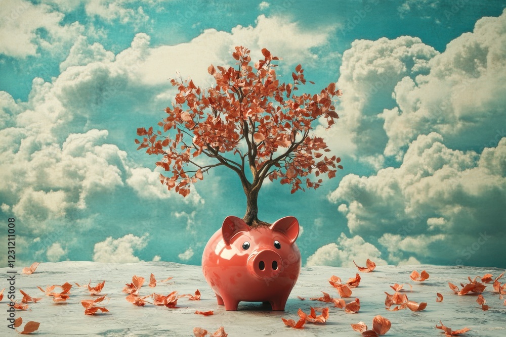 Poster a red piggy bank with a tree inside of it