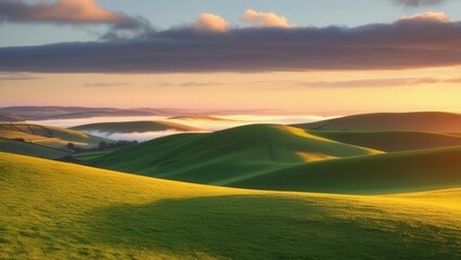 Sunrise Over Rolling Hills: A breathtaking panoramic view of rolling green hills bathed in the golden light of sunrise, with a misty valley below and dramatic clouds in the sky.