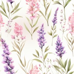 A seamless pattern featuring delicate watercolor lavender stalks in vibrant purples and muted greens, set on a soft pastel lilac background, elegant and serene 