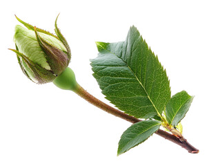 rosebud just beginning to bloom, showcasing its delicate green petals and vibrant leaves, isolated on transparency background