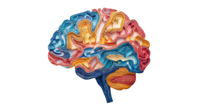 Colorful paper stripes shaping a human brain on transparent background