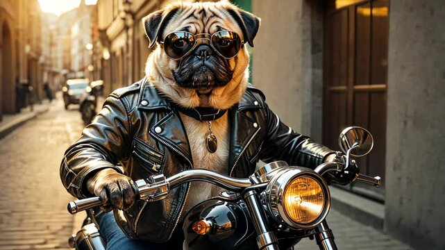 A cool-looking pug wearing a black leather jacket, sitting on a motorcycle with a serious expression. Concept of humor and rebellious pet fashion