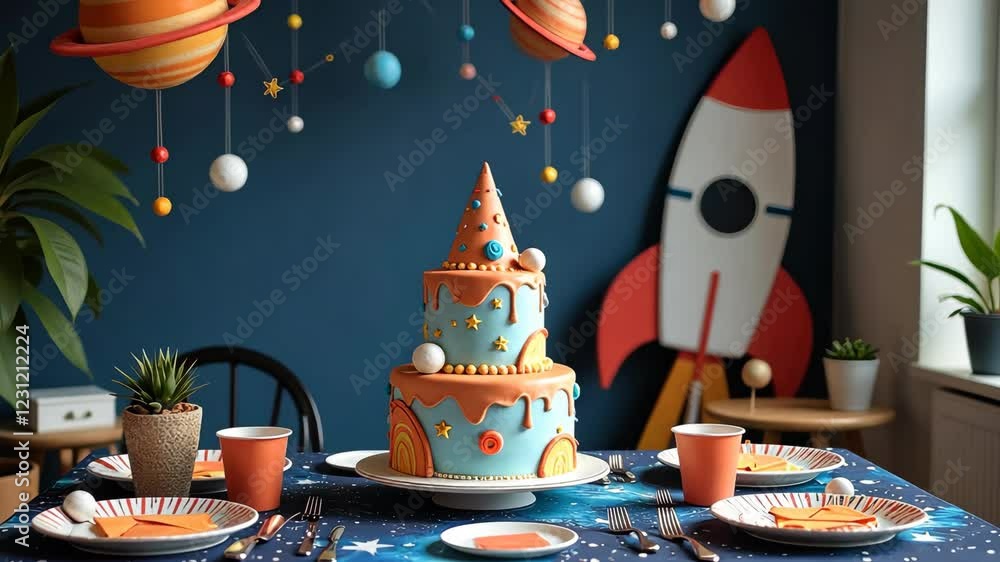Poster A table with a cake on it and a rocket on the wall. There are also chairs and cups on the table