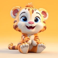 Obraz premium Cute cartoon tiger cub smiles, sitting, yellow background, children's book illustration