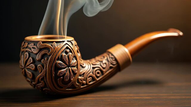 Ornate wooden smoking pipe emits curling smoke trails in sequence