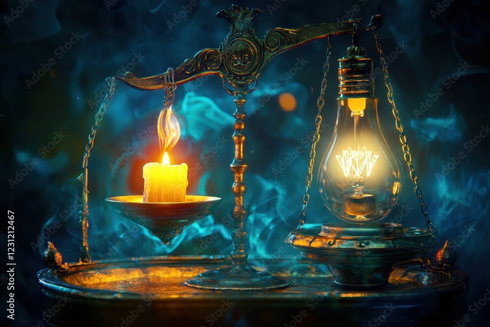 Poster a scale with a candle on one side and a light bulb on the other