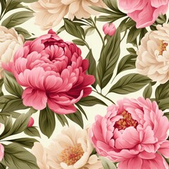 Obraz premium A seamless pattern with vibrant pink peonies in various stages of bloom, surrounded by gentle green foliage on a creamy white background, elegant and refined