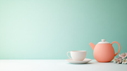 Fototapeta premium Minimalist teapot and cup set on pastel background, creating serene atmosphere