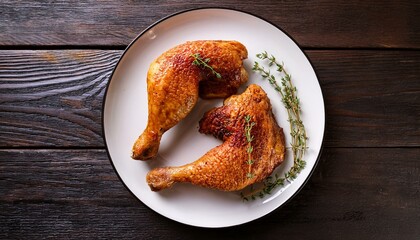 grilled chicken. roasted chicken leg quarters with crispy golden brown skin with fresh green thyme leaves .