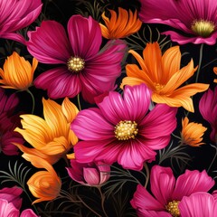A seamless pattern featuring vibrant cosmos flowers in bright fuchsia and golden yellow, elegantly arranged for a lively floral design
