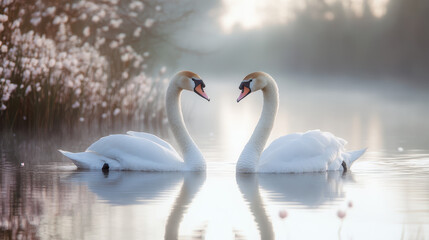 Obraz premium Graceful swans swimming in serene pond surrounded by soft mist and flowers