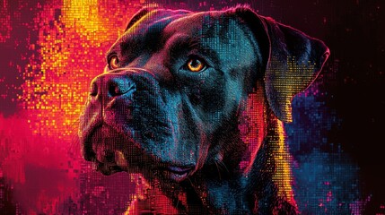 Vibrant pixelated portrait of a black dog digital art abstract environment close-up view emotionally engaging