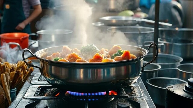 Street Food Delights: A steaming pot of culinary goodness at an Asian food stall.