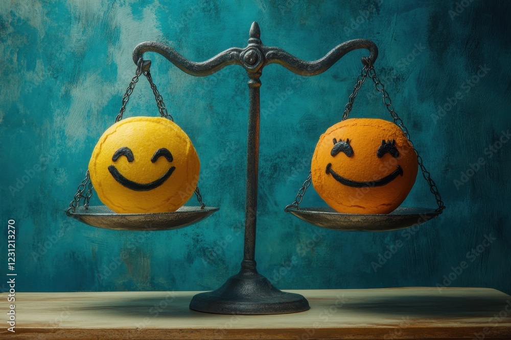 Poster two smiling oranges on a scale, one on the left and one on the right