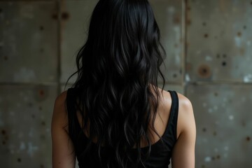 Fototapeta premium Woman with long wavy dark hair wearing a black top