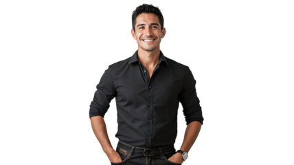 portrait of a confident man with short dark hair, wearing a black button-up shirt and dark jeans, smiling casually, solid white background, copyspace for text
