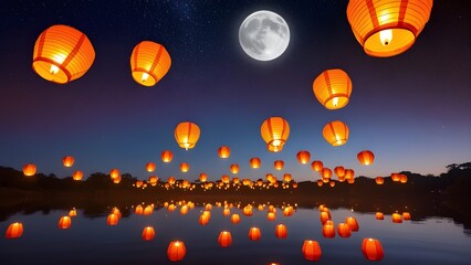 Naklejka premium AI GENERATE, night sky with glowing lanterns floating above a serene lake, purpose for background
