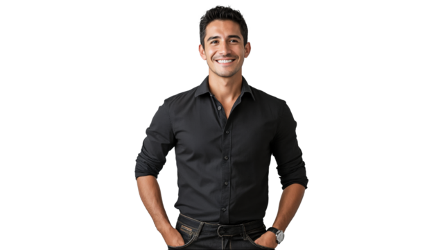 portrait of a confident man with short dark hair, wearing a black button-up shirt and dark jeans, smiling casually, solid white background, copyspace for text