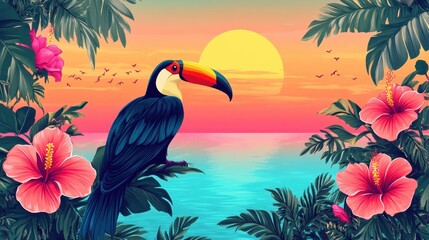 Fototapeta premium Tropical Toucan Sunset Paradise Scene With Hibiscus Flowers