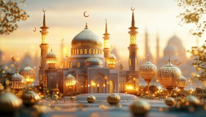 Obraz premium Majestic Mosque at Sunset Golden Domes and Minarets Illuminated Festive Islamic Architecture
