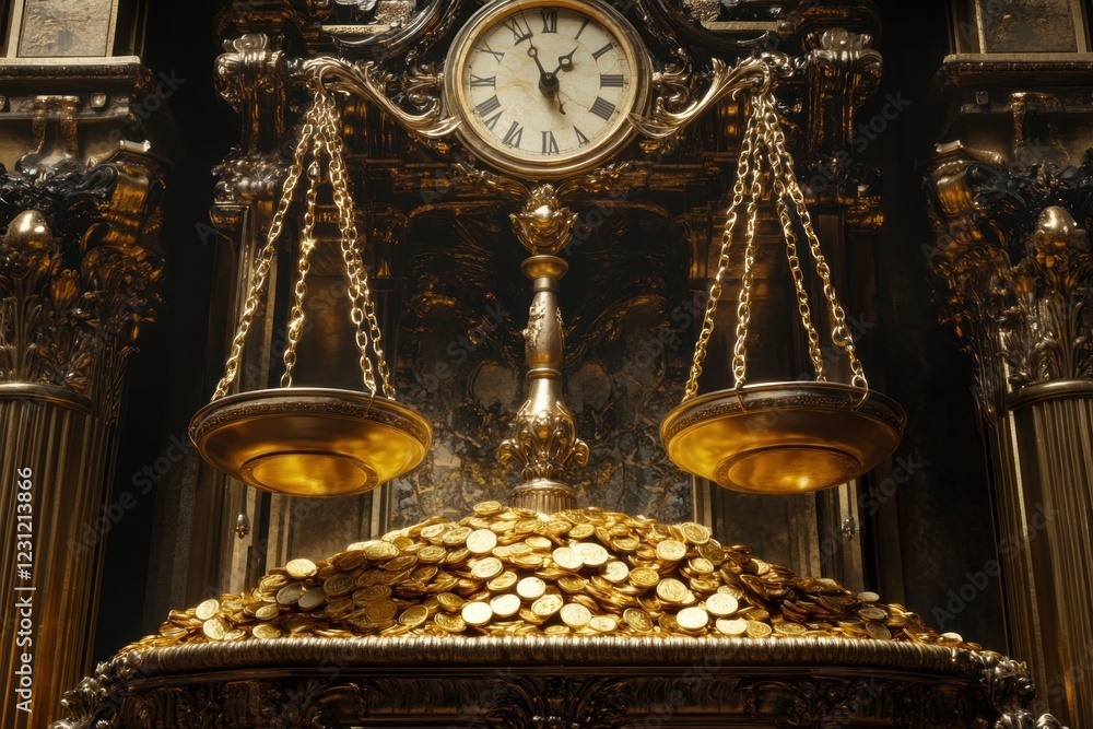 Poster a large clock hangs above a scale with gold coins on it