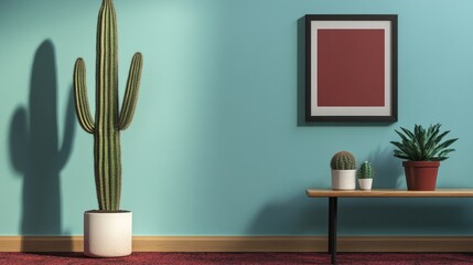 Teal wall with cactus, frame, and plants.