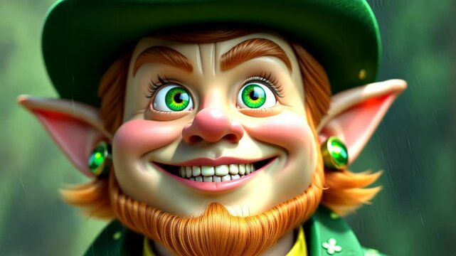 Cheerful leprechaun with vibrant features grins joyfully across three frames