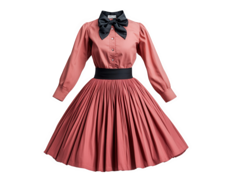 vintage poodle skirt dress with blouse, featuring pleated design and bow tie. This retro fashion piece embodies charm of 1950s style