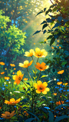 Fototapeta premium Yellow Wildflowers in a Lush Meadow Surrounded by Forest with Sunlight Filtering Through the Trees on a Lovely Day Spring Aesthetic Wallpaper Daisy Digital Drawing Illustration