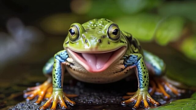A frog is smiling and making a funny face