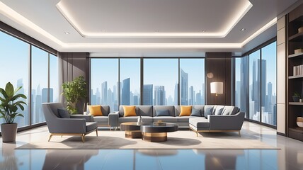 Vector illustration of a luxury real estate office with modern interior design and digital property listings.