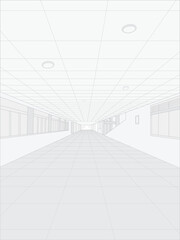 A gray and white long empty room with line drawn on the floor, A white floor with a large window and line art with white background, vector illustration, illustration of interior project.