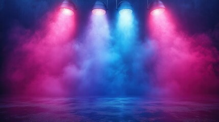 Fototapeta premium Colorful stage lighting with pink and blue fog creating a vibrant atmosphere for performances