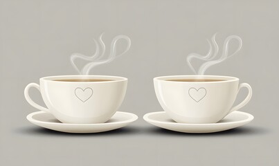 Fototapeta premium Two steaming heart mugs, grey background, romantic, design