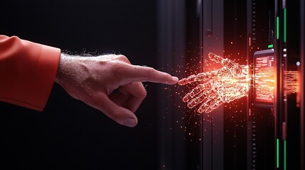 A human hand reaching towards a digital holographic hand in a futuristic data center, symbolizing connection