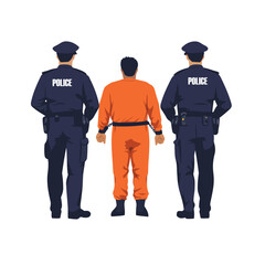 Vector illustration of a police officer leading a handcuffed criminal from the back view. The officers are in uniform, and the prisoner wears jail clothes. Ideal for law enforcement concepts.