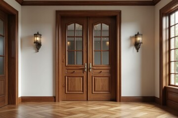 Elegant double wooden doors in a classic hallway setting