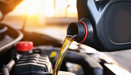 engine oil. Pouring oil motor car lubricant from black bottle on engine background , service oil change.