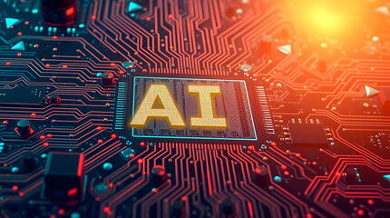 AI technology represented as glowing letters on a circuit board.  The image depicts the inner workings of advanced technology. 