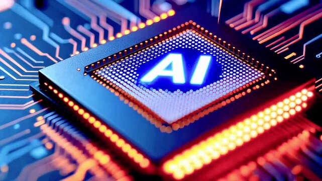 Close-up view of a computer chip with glowing AI logo, showcasing intricate circuitry and technology