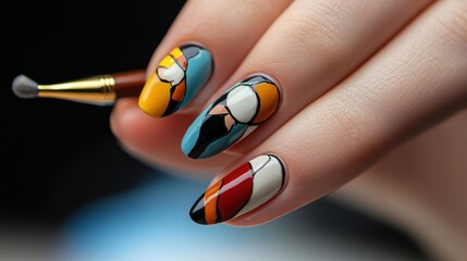 Close-up of hand with stylish geometric nail art.