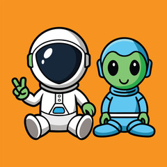 Fototapeta premium Cute Cartoon Astronaut and Alien Friendship in Outer Space Digital Illustration