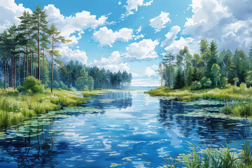 Fototapeta premium river with forest, summer landscape, watercolor,. Generative AI