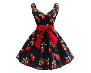 vintage rockabilly dress featuring cherry print and red bow, perfect for retro vibe. This stylish piece captures essence of 50s fashion with its playful design