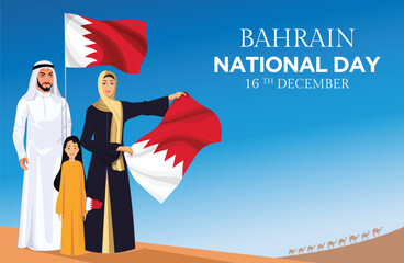 Arab families celebrate the Kingdom of Bahrain’s National Day with pride. Women hold the flag, a young Arab girl waves it on the foundation day anniversary, and a civilian hosts the flag in the desert