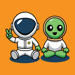 Cute Cartoon Astronaut and Alien Friendship in Outer Space Digital Illustration